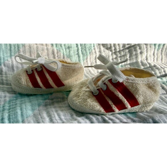 Vintage Red-Stripe Terry Cloth Baby Sneakers — Tiny Retro Track Stars - Picture 4 of 9